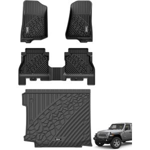 3W Floor Mats&Cargo Liner Compatible for Jeep Wrangler JL 2018-2025 2026 Unlimited 4-Door with Subwoofer (Non JK or 4XE) All-Weather TPE Floor Liner for 1st, 2nd Row and Trunk Full Set Car Mats, Black