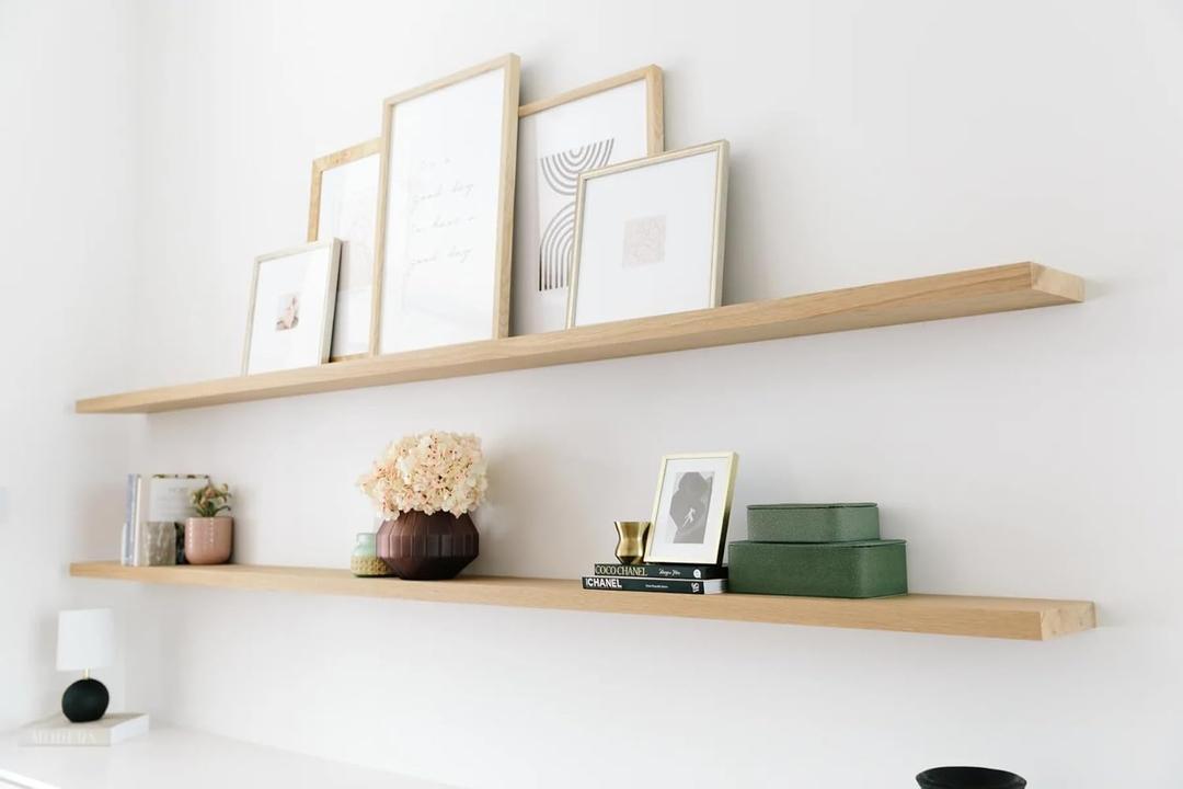Floating Shelf White Oak 42X10x2.5'' with 3 Brackets  Wall Mounted Pure Solid Wood Shelf for Home Decor, Storage & Display  Modern White Oak Finish  Easy Install Heavy Duty Floating Wall Shelf