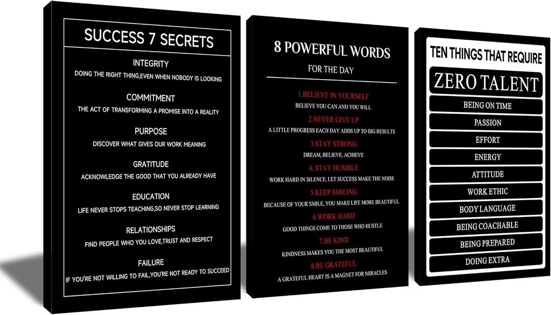 Motivational Wall Decor Posters Inspirational Wall Art Success 7 Secrets Printed on Canvas Positive Affirmation Quotes Picture Painting for Modern Gym Office Workplace Wooden Framed [48''W x 24''H]