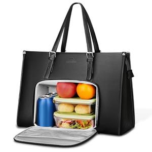 MATEIN Laptop Tote Bag with Insulated Lunch Compartment, 15.6 Inch PU Leather Briefcase with Leakproof Lunch Box Pocket for Women, Convertible Lightweight Computer Work Bag Handbag for Office, Black