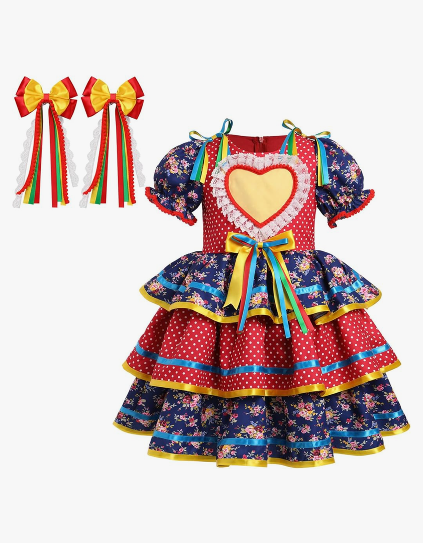 IBTOM CASTLE Toddler Girls Festa Junina Dress Floral Short Puff Sleeve Ruffle Tiered Dress+Bowknot Headband Carnival Costume, 2-3 Y