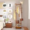 Solid Wood Coat Rack Freestanding Clothing Rack with Wheels & 2 Shelves Storage & 5 Hooks Heavy Duty Clothes Rack Wood Coat Tree Stand Hat Hanger Rack for Corner Bedroom Entryway Living Room Hotel S