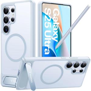 TORRAS Strong Magnetic & Seamless Stand for Samsung Galaxy S25 Ultra Case, Fit for MagSafe, Mil-Grade Drop Protection, Kickstand for Samsung Galaxy S25 Ultra Case, Translucent Back/Silverblue Edge
