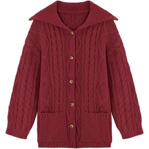 Saodimallsu Womens Cable Knit Cardigan Sweaters Fall Oversized Long Sleeve Button Open Front Knit Sweater Coats (Medium, Dark Red)