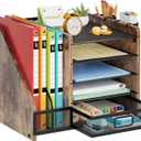 Marbrasse Desk Organizer with File Holder, 5-Tier Paper Letter Tray Organizer with Drawer and 2 Pen Holder, Mesh Desktop Organizer and Storage with Magazine Holder for Office Supplies (Wood-Brown)