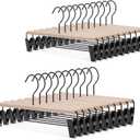 Nature Smile Deluxe Beech Wooden Pants Hangers Bottom Hanger Jeans Hanger Trousers Skirt Hanger with 2-Adjustable Black Matt Clips and Hook 20 Pack (Natural Wood+Black Metal) (13 inches 20pack)