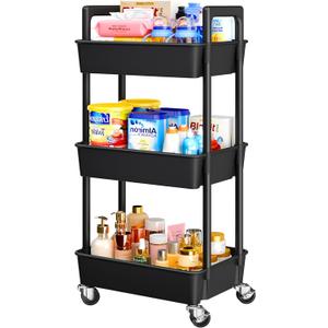 Pipishell 3 Tier Rolling Cart Organizer, Plastic Rolling Cart with Lockable Wheels & Reinforced Handle, Lightweight Utility Storage Cart for Nursery, Kitchen, Craft Room, Black