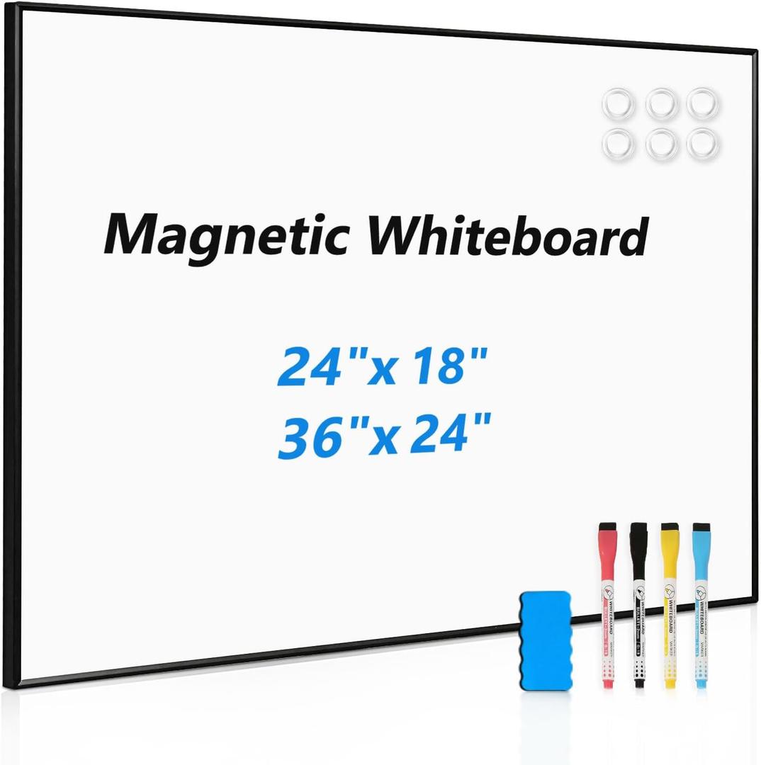 Whiteboard for Wall, 24'' x 18'' Magnetic Dry Erase White Board, Hanging Black Aluminum Frame Wipe Board for Home, Office, School, Kitchen, Dorm