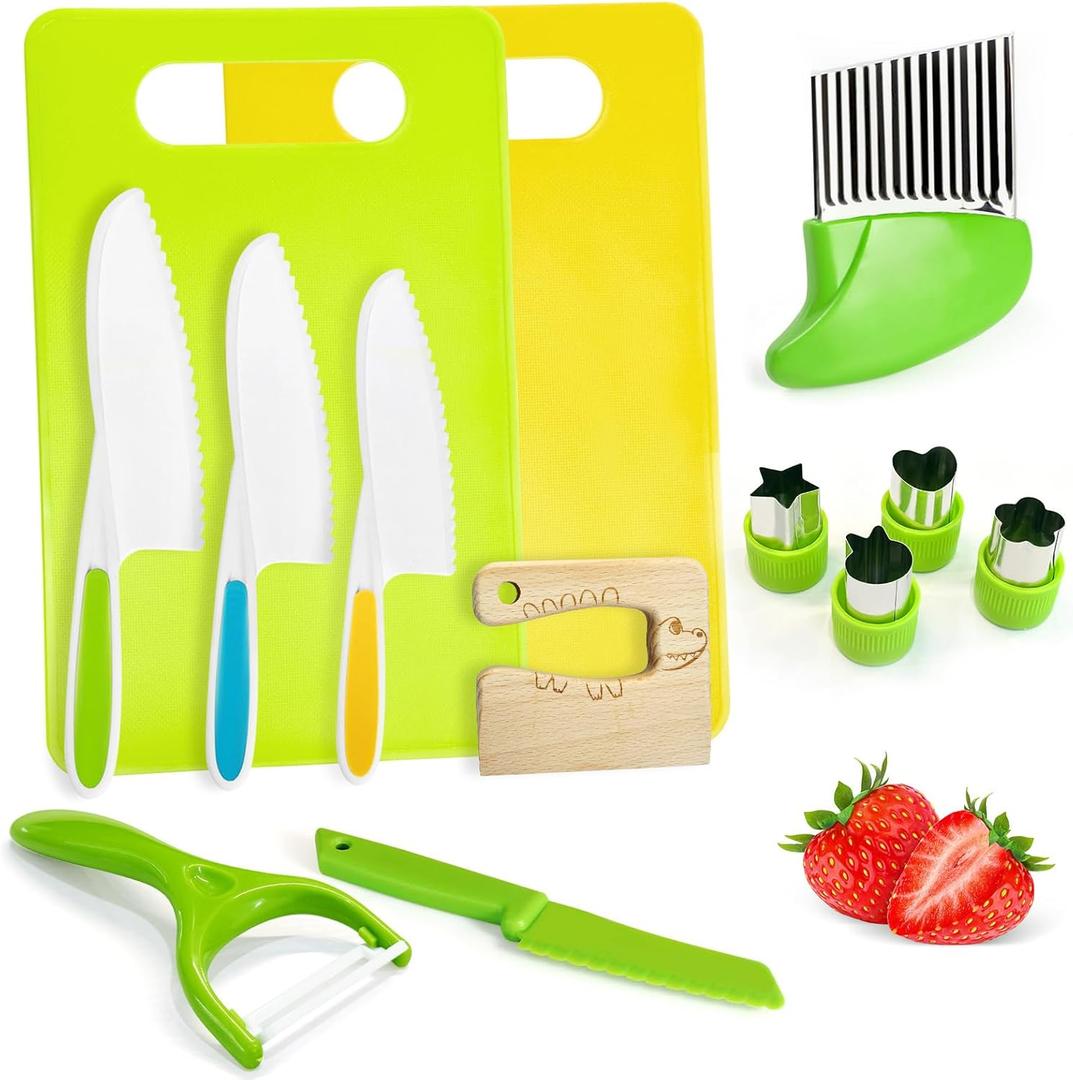 Chanking 13 Pieces Kids Safe Knife Set for Real Cooking Child-Friendly Plastic Chef Tools Montessori Kitchen Toys for Toddlers Birthday Gifts for Boys and Girls Ages 4+ (A)
