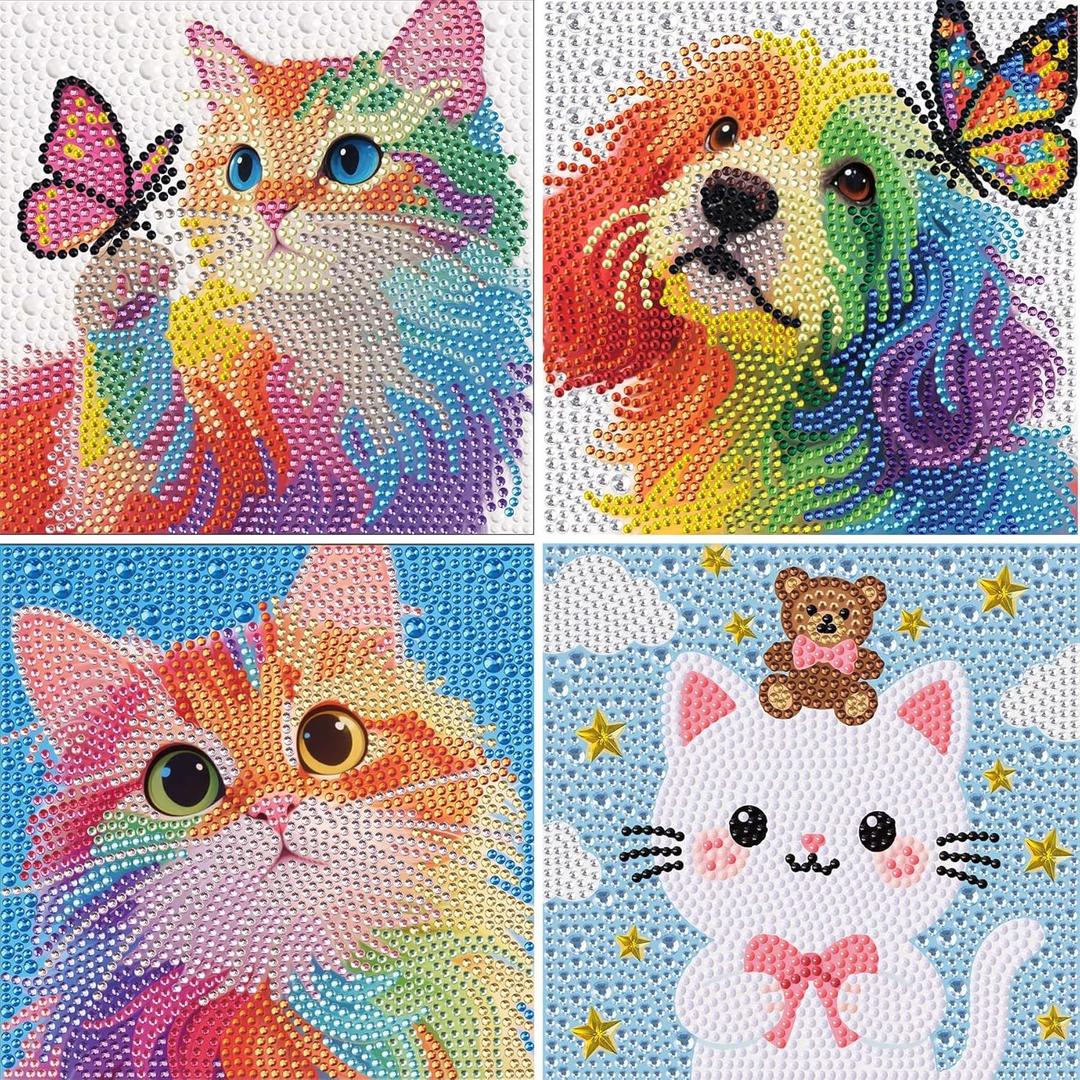Geesfayan 4 Pack Diamond Art Kit for Kids 6 Inch DIY Animal Gem Art with 4 Tools Sets, Gem Painting for Beginners, Creative Craft Gift for Teens & Kidscat Dog