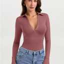 PINKMSTYLE Women Sexy V Neck Long Sleeve Bodysuit Slim Fit Ruched Going Out Y2K Top Flared Sleeve Collared Shirts Fall Outfit (S)