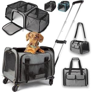 Pet Carrier with Wheels - MAX 12 lbs - United Delta American Frontier Airline Approved - Two Expandable Sides, Storage Pockets Adjustable Leash - Rolling Dog and Cat Carrier TSA Compliant (Grey)