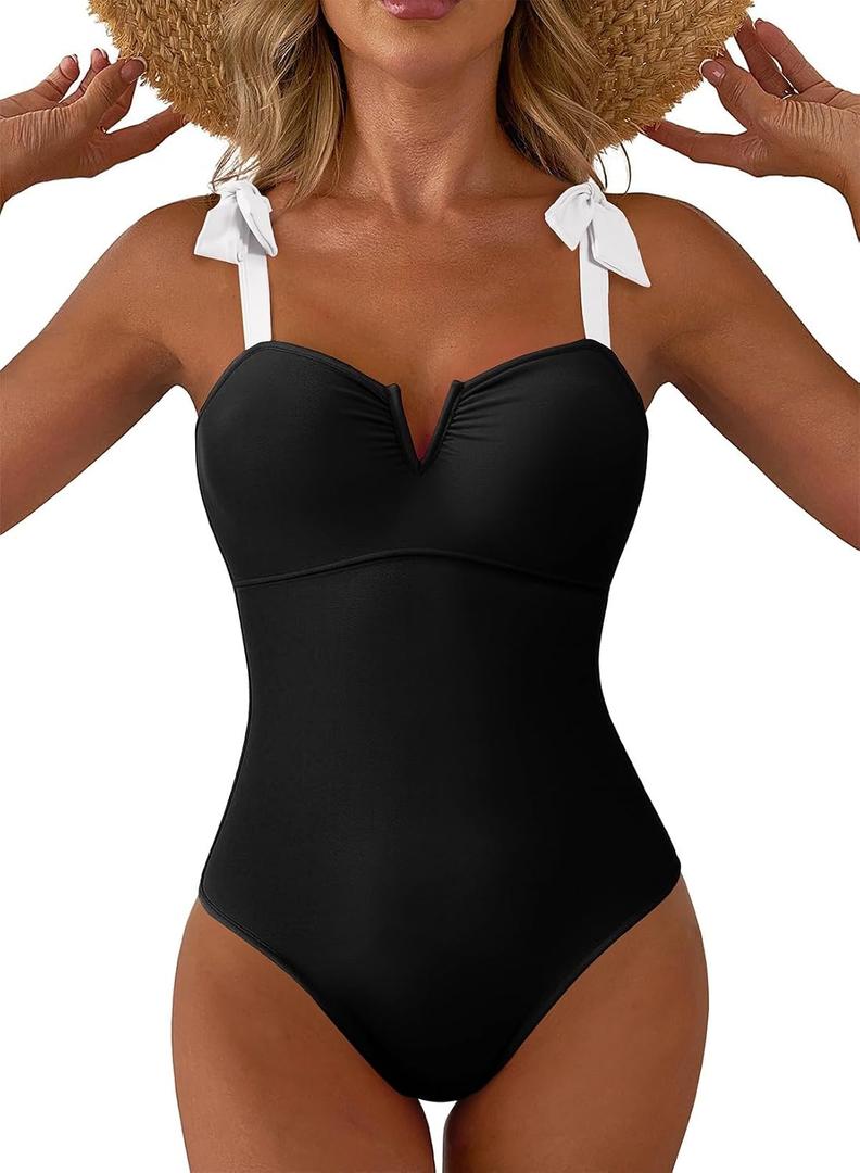 Aleumdr Women's One Piece Swimsuits Tummy Control Bathing Suits V Neck Boho Tie Shoulder Ruched Full Coverage Swimwear (Black, XL)