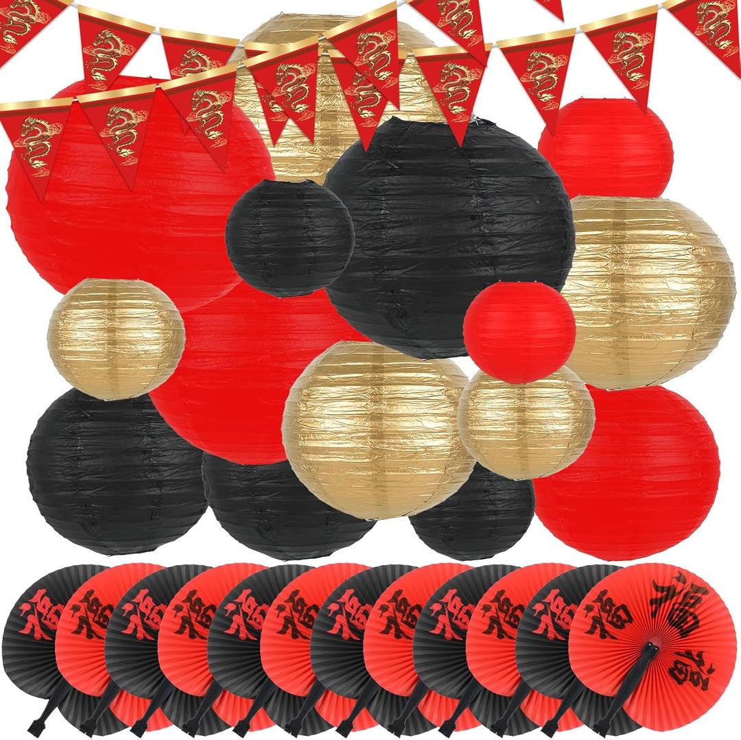 Party Greeting 28 Pcs Hibachi Party Decorations Asian Chinese Japanese Party Supplies Includes 15 Pcs Chinese Paper Lanterns 12 Pcs Japanese Folding Fans 32.8 Ft Chinese New Year Dragon Pennant Banner