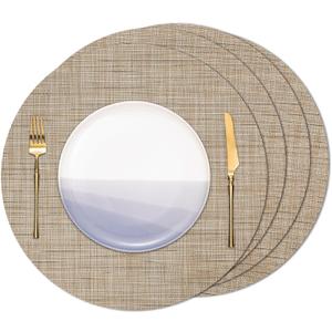 Round Placemats Set of 4 Heat Resistant Vinyl Placemats 15 inch Washable Non-Slip Table Mats Woven Place Mats for Dining Table (Beige, Set of 4)