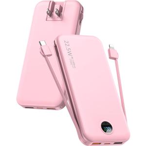 Portable Charger Power Bank, 12000mAh 22.5W USB C Power Bank Fast Charging with Built-in Cables and Wall Plug, Travel Essential Battery Pack with LED Display Compatible with iPhone, iPad, Samsung Pink