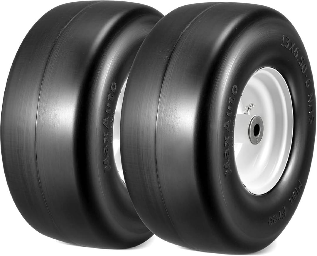 MaxAuto 13x6.50-6 Flat Free Lawn Mower Tires and Wheel, 13x6.5x6 Zero Turn Mower Front Tires with 5/8" Sintered Iron Bushing, for Commercial Garden Lawn Tractors, 4"-5.5" Adjustable Centered Hub