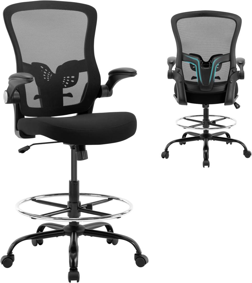 Drafting Chair,Tall Office Chair, Ergonomic Standing Desk Chair with Flip-up Armrests,Mid-Back Counter Height Computer Task Chair with Lumbar Support and Adjustable Footrest Ring,Black
