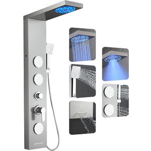 ROVOGO LED Shower Panel Tower System with Lights, 5 Shower Modes, 46.5 Inch
Rainfall Mist Shower Head, 3 Body Jets, Handheld, Waterfall Tub Spout, Stainless Steel Shower Column W/ Mixing Valve, Brushed