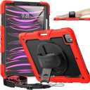 Timecity Protective Case for iPad Pro 12.9 inch 6th/ 5th/ 4th/ 3rd Generation, with Strong Protection, Screen Protector, Hand/Shoulder Strap, Rotating Stand, Pencil Holder - Red