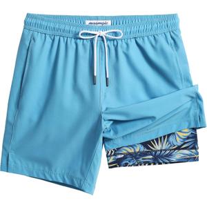 maamgic Mens Swim Trunks with Compression Liner 7 Inch Inseam Mens Bathing Suit Quick Dry Swimming Trunks Swimsuit (Small, Blue Leaf)