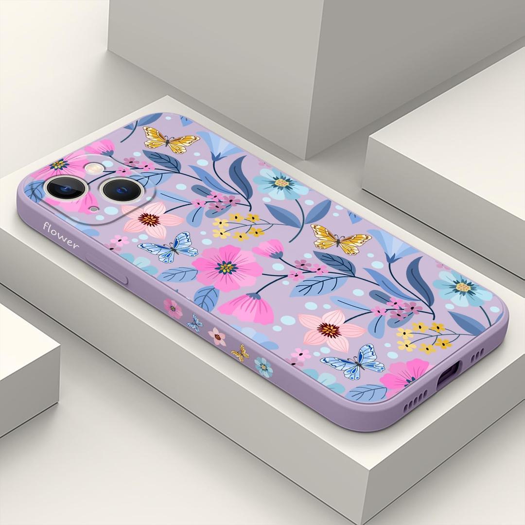 for iPhone 13 Case Fashion Flower Pattern Slim Liquid Silicone Dropproof for iPhone 13 Phone Cover 6.1 inch-Flower Purple