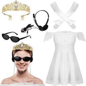 Tellingyou 5 Pcs Halloween Princess Costume Women Outfits white Dress Crown Headphone Sunglasses Gloves for Cosplay Party