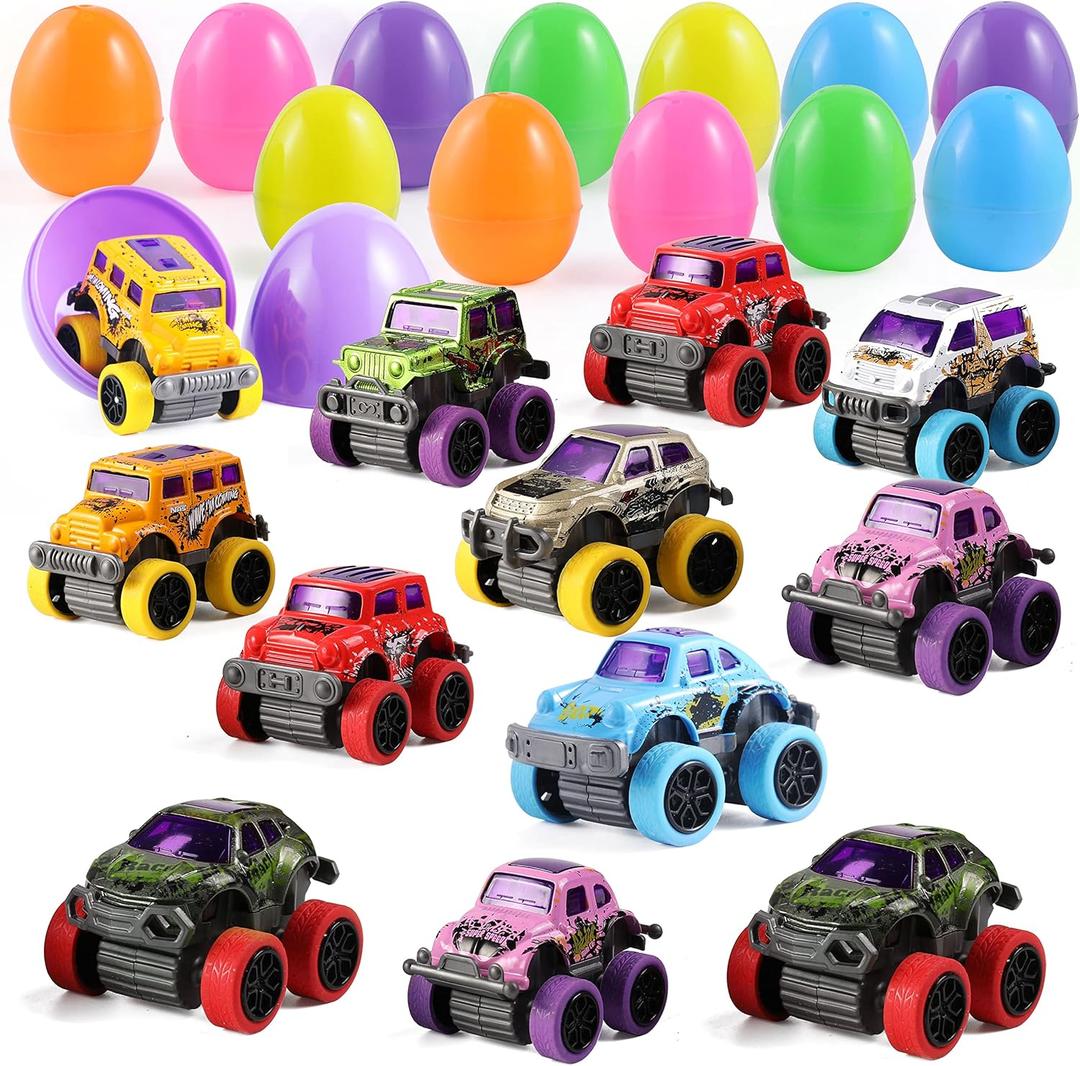 JOYIN 12 Pcs Easter Eggs Filled with Pull Back Monster Cars, Easter Trucks Cars for Kids Egg Hunt, Basket Stuffers Filler and Classroom Prize Supplies, Party Favors