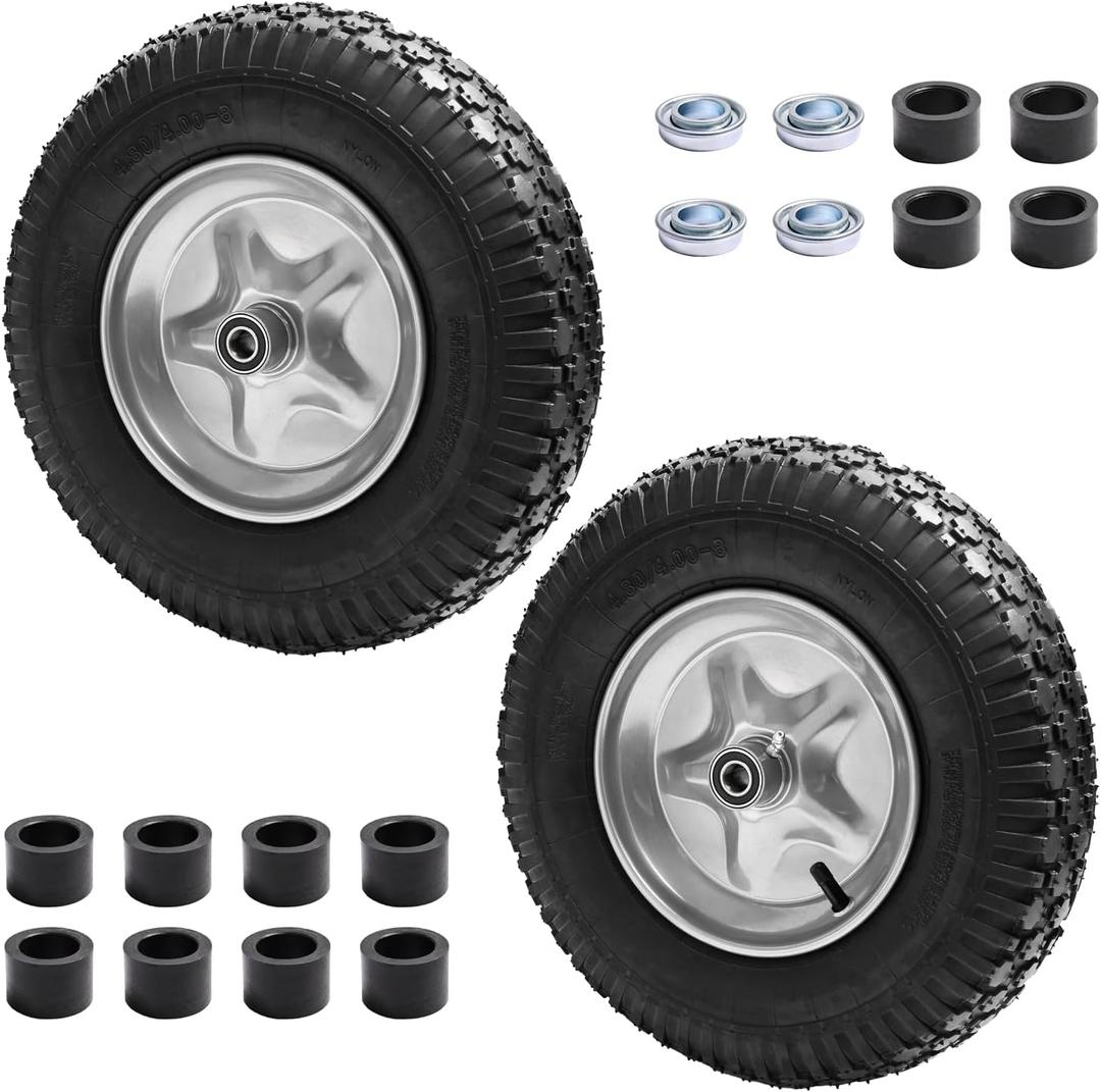 4.80/4.00-8" Tire, 16" Pneumatic Wheelbarrow Tire and Wheel with 5/8" Bearings (Extra 3/4") and 3" Centered Hub for Wheelbarrow/Garden Carts/Hand Truck/Yard Wagon Dump Cart (2-Pack)