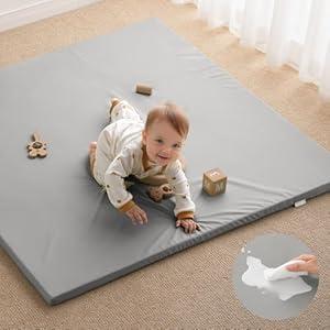 Blissful Diary Vegan Leather Baby Play Mat, 47x47 Thicken Foam Cushioned & Waterproof Playpen Mat for Infants and Toddlers, Stylish and Just Wipe-Clean Playmat for Baby Play on Floor