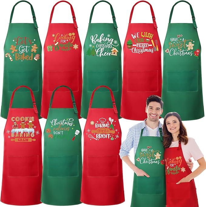 Langyiwee Christmas Apron for Women Men Adjustable Gingerbread Apron Pocket Red Green Xmas Cookie Baking Kitchen Decor, 4 Pack