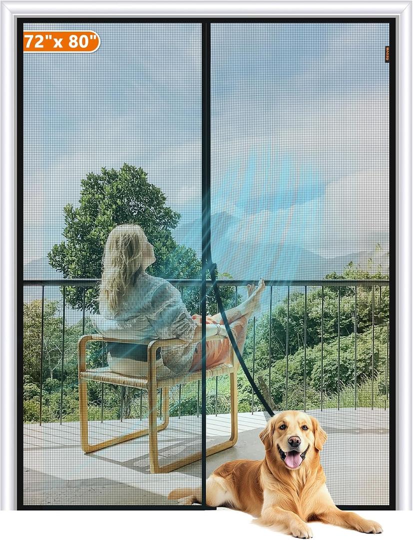 MAGZO Magnetic Screen Door Fit Door Size 72 x 80 Inch, Screen Size 74" x 81" Strong Magnet French Style Mesh, Fiberglass Heavy Duty Mesh with Hook & Loop for Sliding Entrance, Gray