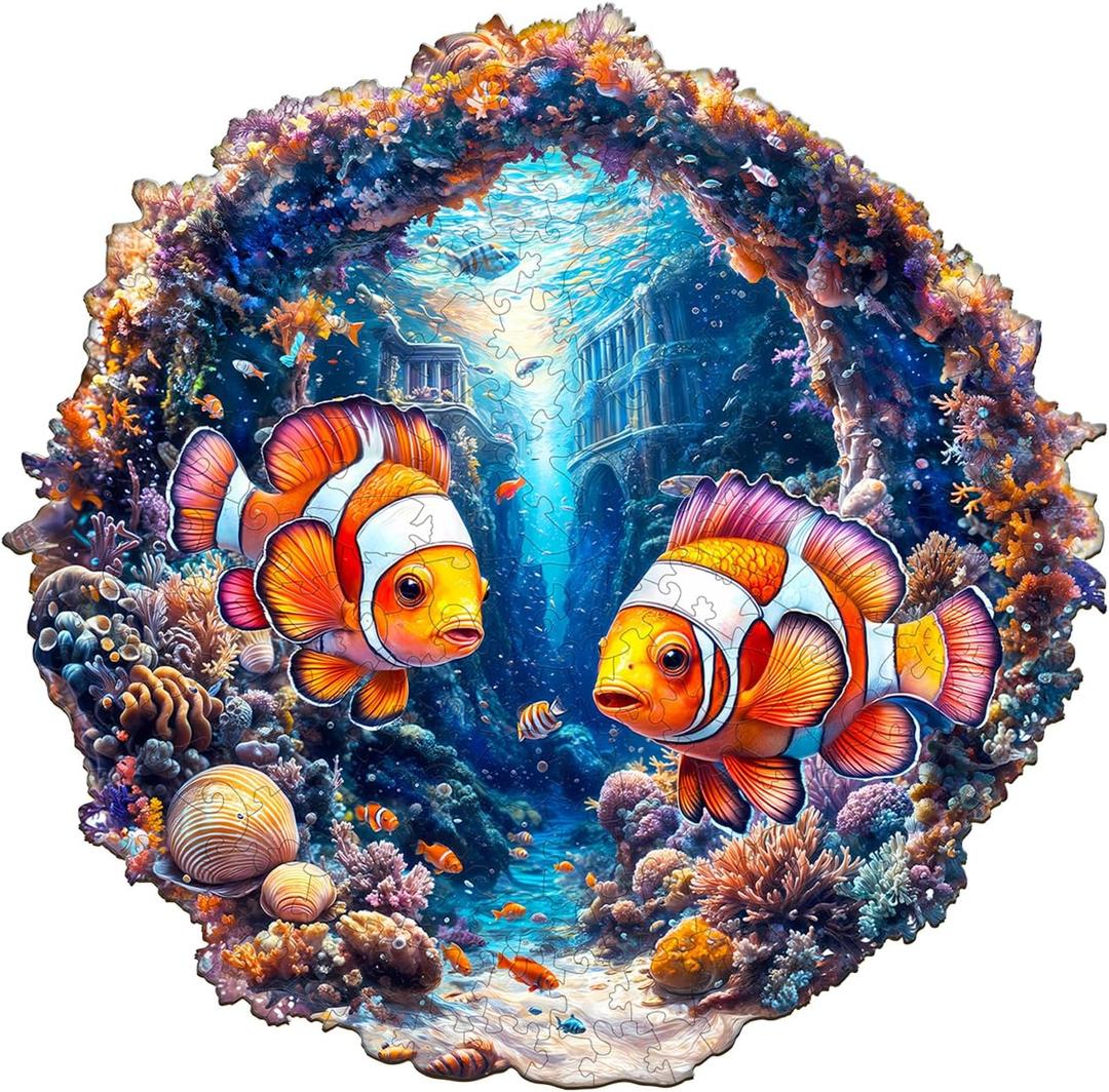 Wooden Puzzles for Adults - Clownfish Journey Wooden Jigsaw Puzzle, Unique Animal Shaped Wood Puzzles Adult, Christmas Birthday Gifts for Friends/Family, Home Decor 11.4 * 11.2in 195pcs (Medium)