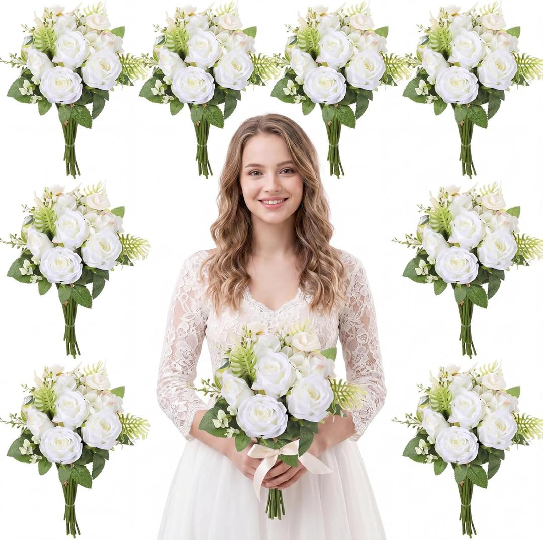 Unittype 12 Sets Bridesmaid Bouquets for Wedding 6 Inch Artificial Roses Flowers Bridal Holding Bouquets for Wedding Church Ceremony Proposal Party Centerpieces Table Decoration (White)