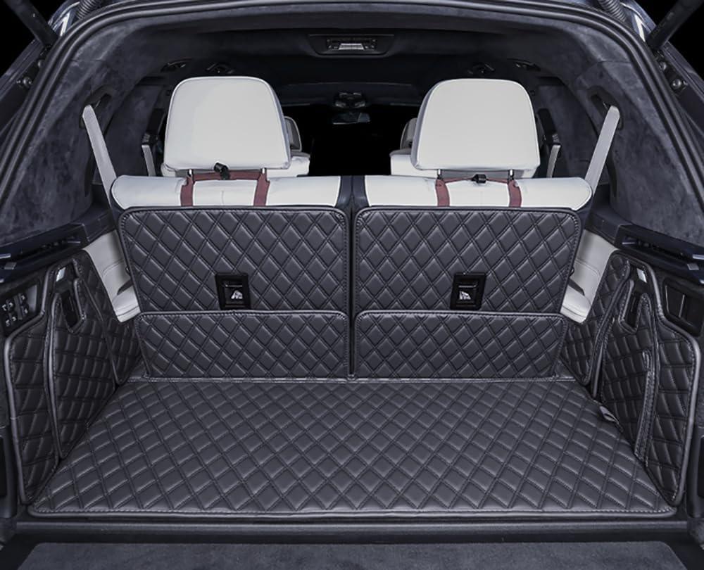 for BMW X7 X7 2+2+2 Seater Trunk Mat Cargo Cover Dog Liner Boot Liner Full Coverage Leather 3D Laser Measured (Trunk Mat+3rd Row Backrest Mat+Both Sides Panel) (Black with Black Stitching