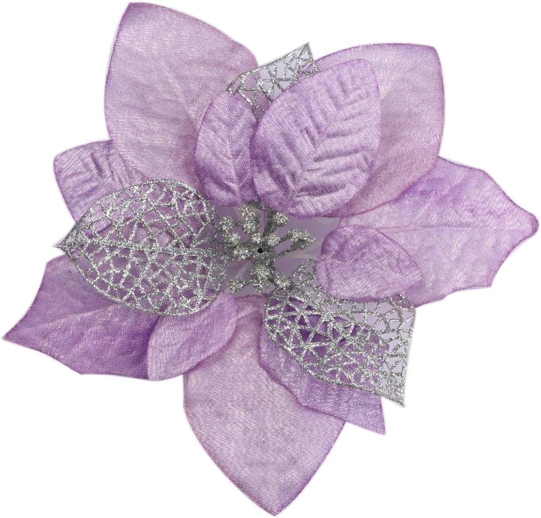 YYCRAFT 12pcs Silk Shinning Sprakled Glitter Poinsettia Artificial Flower for Xmas Tree Christmas Decorations(Lavender,8 Inch)