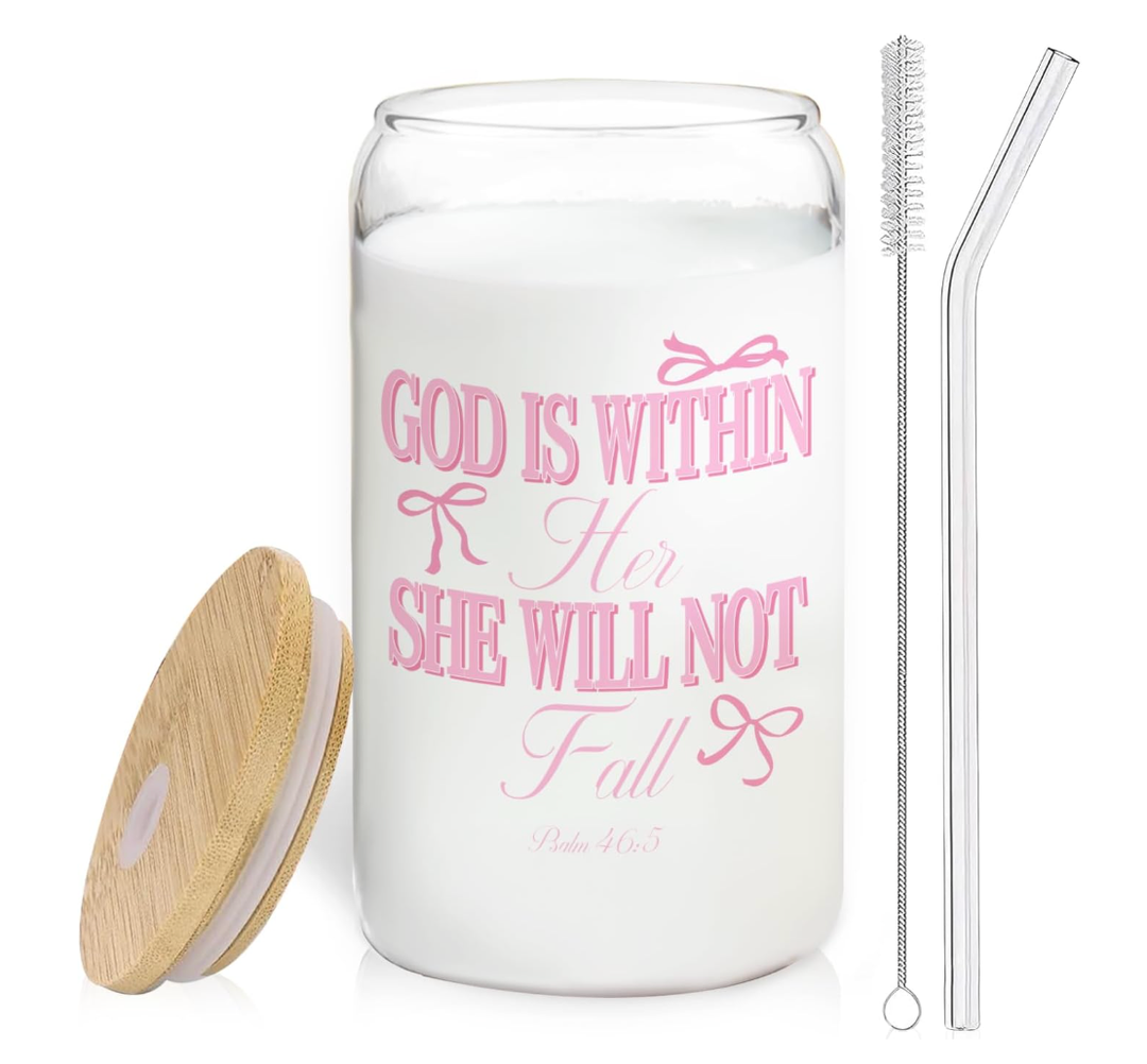 Coquette Pink Bow Christian Glass Cup with Lids and Straws 14oz, Bible Verse Gifts, God is Within Her She Will Not fall Scripture Glass Coffee Tumbler Drinking Jars with Cleaning Brush