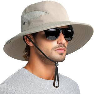 PFFY Sun Bucket Hats for Men Women 3 Wide Brim UPF 50+ Fishing & Beach Hat (Beige)