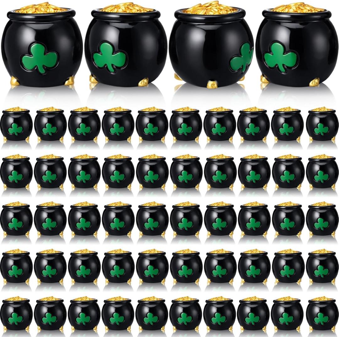 Weysat 50 Pcs Mini St Patrick's Day Pot of Gold Bulk Tiny Resin St Patricks Day Cauldrons Shamrock Coins Lucky Cauldrons for St. Patrick Party Favor