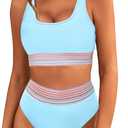 BMJL Women's High Waisted Bikini Sets Sporty Two Piece Swimsuits Color Block Cheeky High Cut Bathing Suits (Large, Light Blue-new011)