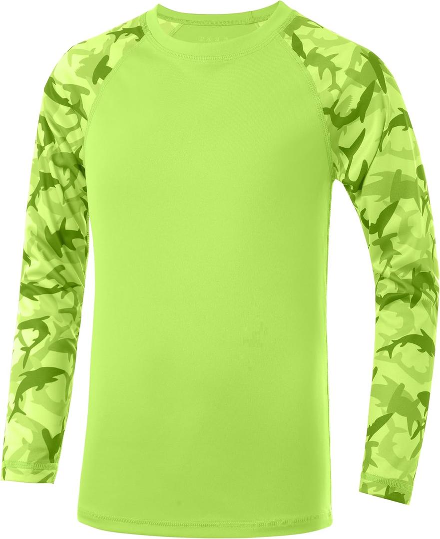 Boys UPF 50+ Long Sleeve Rash Guard, UV Sun Protection Swim Shirt | UPF 50+ sun protection. Quick-dry breathable fabric. Size 5T-16. Camo sleeve style for beach, surfing and fishing. (Green, XL)
