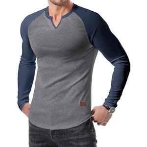 JMIERR Mens Shirts Casual V-Neck Muscle Slim Fitted Workout Gym Athletic T-Shirts Fall Fashion Patchwork Henley Shirt for Men, M