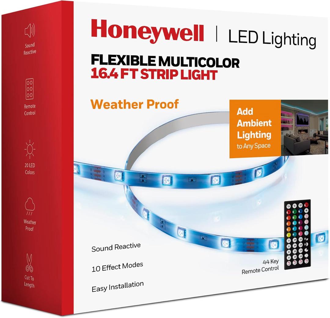 Honeywell 16.4ft Weatherproof 20-Color LED RGB Strip Light for Indoor and Outdoor Use, with Remote Control, Dimmable Lights, 4 Music Sync Modes, 8 Effects Modes
