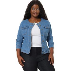 Agnes Orinda Denim Jacket for Women Plus Size Collarless Long Sleeve Button Down Jean Jacket 2025 Western Outfit (3X, Sky Blue)