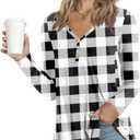 AWULIFFAN Womens Summer Short Sleeve Tunic Tops Loose Fit Casual T-Shirt Button Up Blouses (Small, 42 Black White Grid)