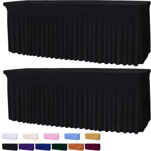 Table Skirts for Rectangle Tables 8ft - 2PCS Black Table Covers for 6 Foot Tables, Wrinkle Resistant Ruffles Elastic Table Cover and Table Skirt for Banquets/Weddings/Parties