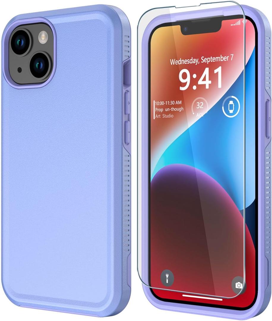 Diverbox for iPhone 14 case [Shockproof] [Dropproof] [Tempered Glass Screen Protector ],Heavy Duty Protection Phone Case Cover for Apple iPhone 14 (Purple-2in1)