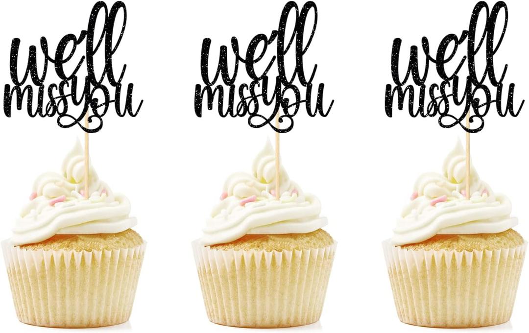 We Will Miss You Cupcake Toppers, 12 Pcs Retirement, Going Away, Job Change, Farewell Party Decorations, Black Glitter Dessert Sign for Graduation Party Ornaments, Pre-assembled, Double-sided
