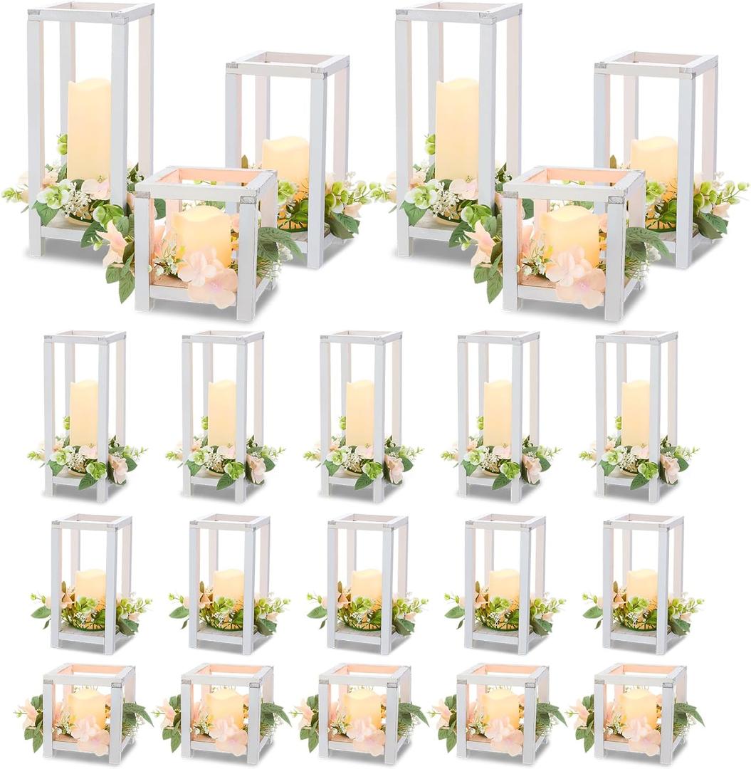 Hushee 15 Set 45 Pcs Wooden Wedding Lantern Centerpiece Wooden Candle Lantern Set Rustic Holder for Wedding Table Decoration Farmhouse for Christmas Party (White)