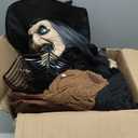 Hourleey Animated Halloween Witch Decorations, Sound & Motion Activated Sitting Witch with Glowing Eyes and Sound, Animatronics Scary Witch Decor for Porch Yard Haunted House Indoor Outdoor Party